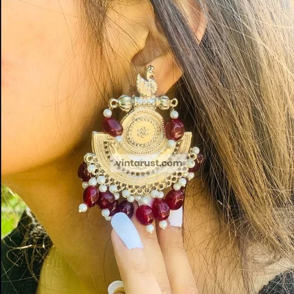 Oxidized Big Earrings With Beads, Handmade Unique Style Earrings, Indian Oxidize - Picture 1 of 7